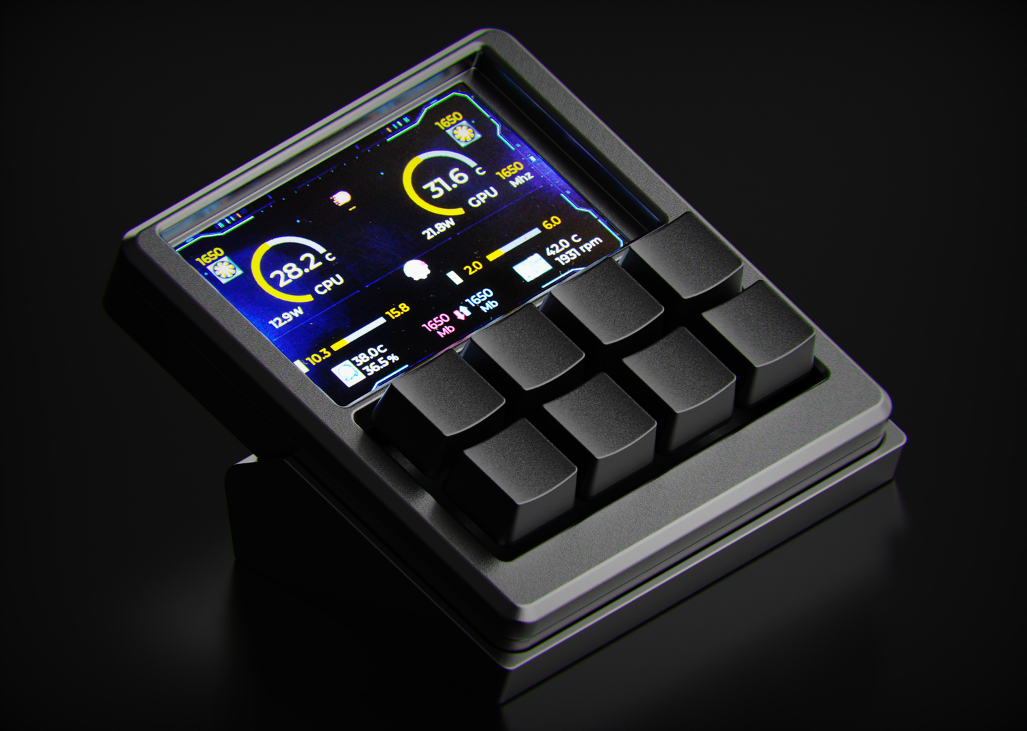 Angled render of the MacroPad Pro showing keys and live telemetry screen