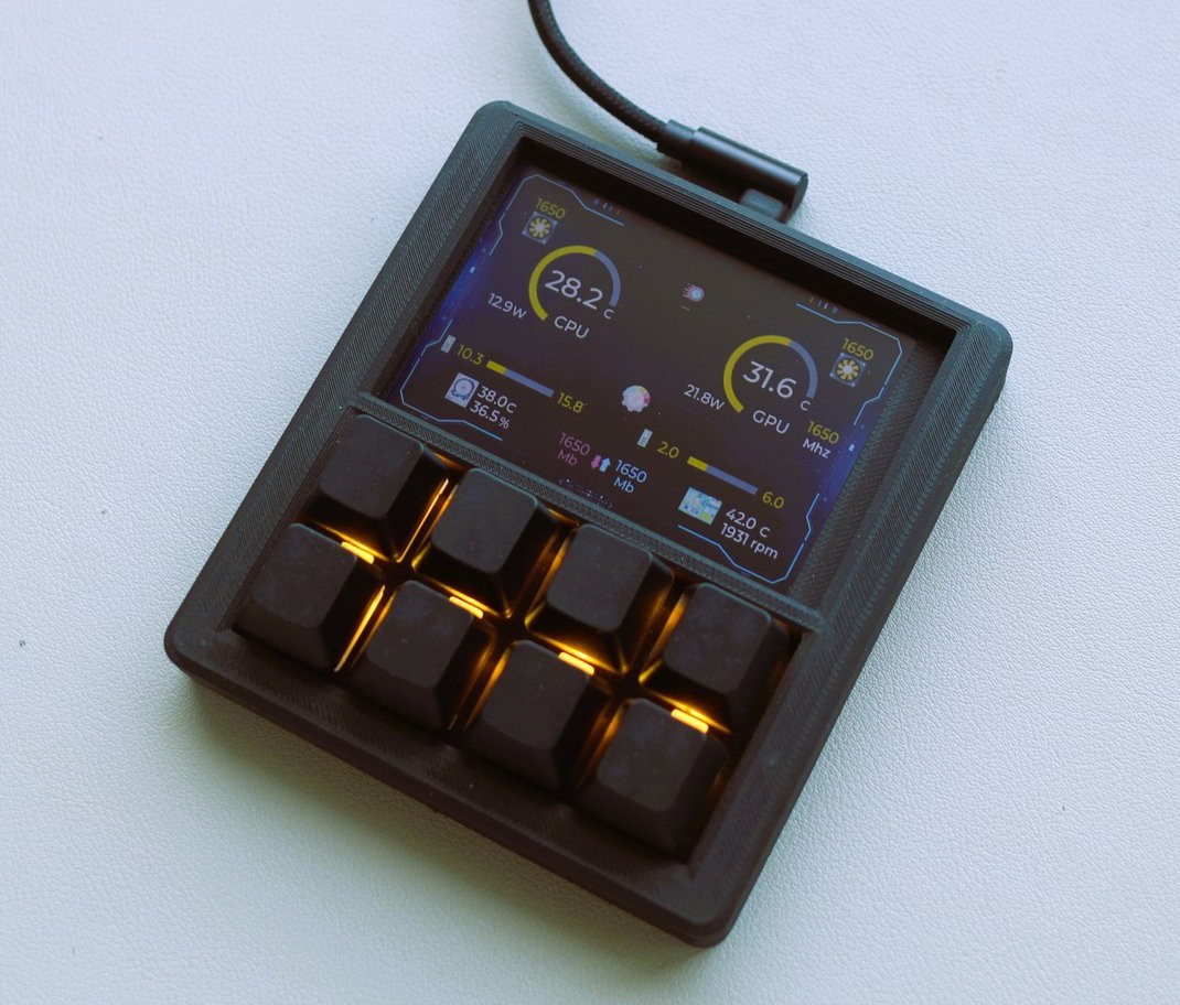 Core 8 macro pad on a dark desk setup with monitor and keyboard