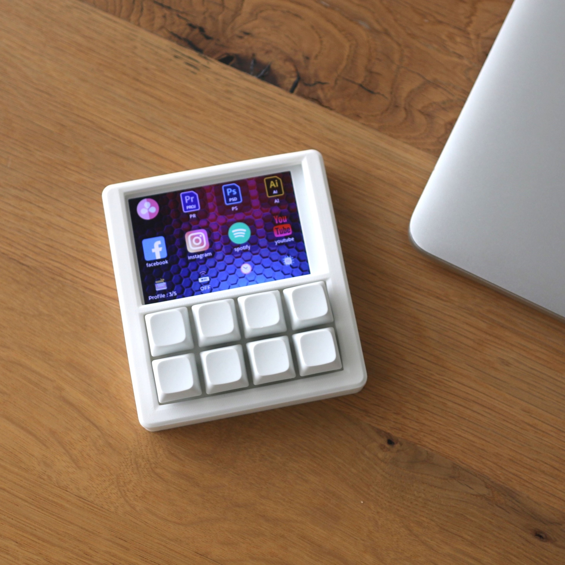 Angled close-up of the Core 8 screen and keycaps