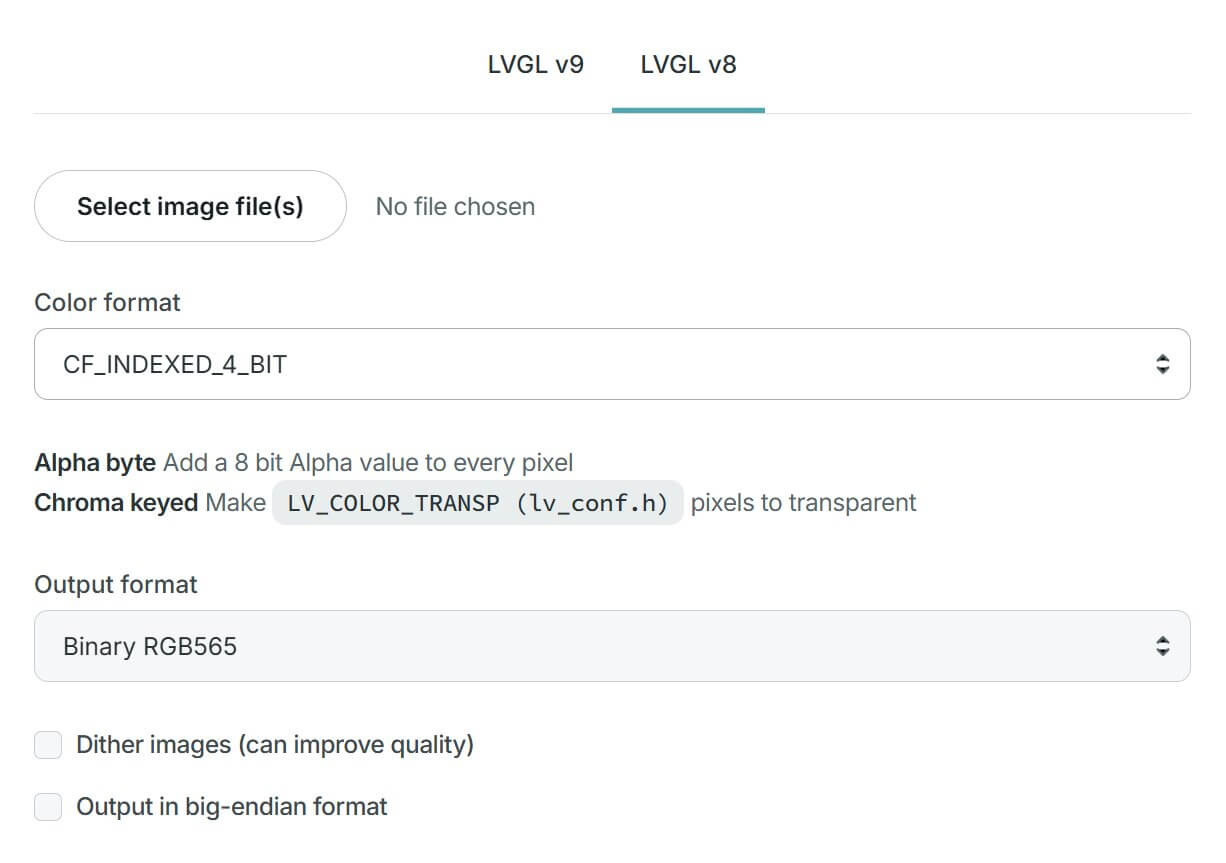 LVGL Image Converter settings showing LVGL v8, CF_INDEXED_4_BIT color format, and Binary RGB565 output format