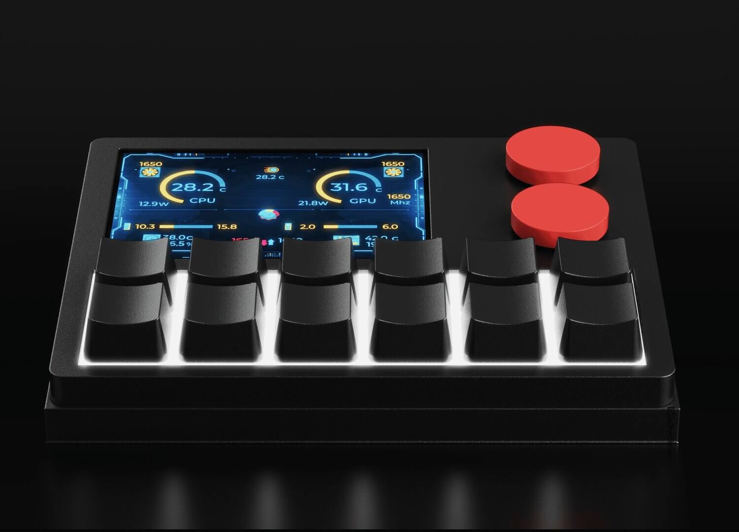 NexMacro programmable keypad with 3.55 inch display showing live system stats