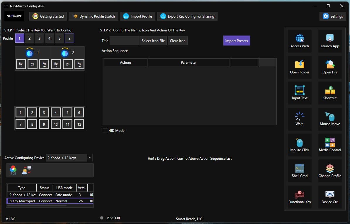 NexMacro configuration app showing RGB lighting settings, trigger modes, profiles, and macro pad setup options