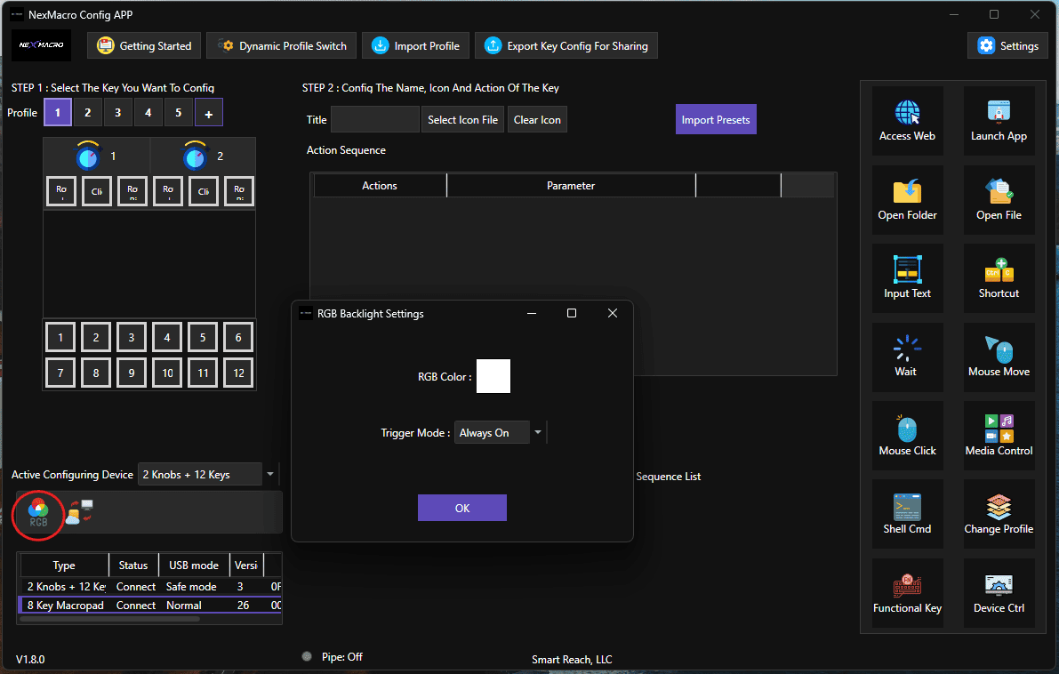 NexMacro configuration app showing RGB lighting settings, trigger modes, profiles, and macro pad setup options