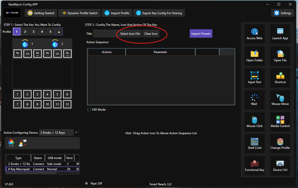 NexMacro configuration app showing custom 64 by 64 PNG key icons for macro pad profiles